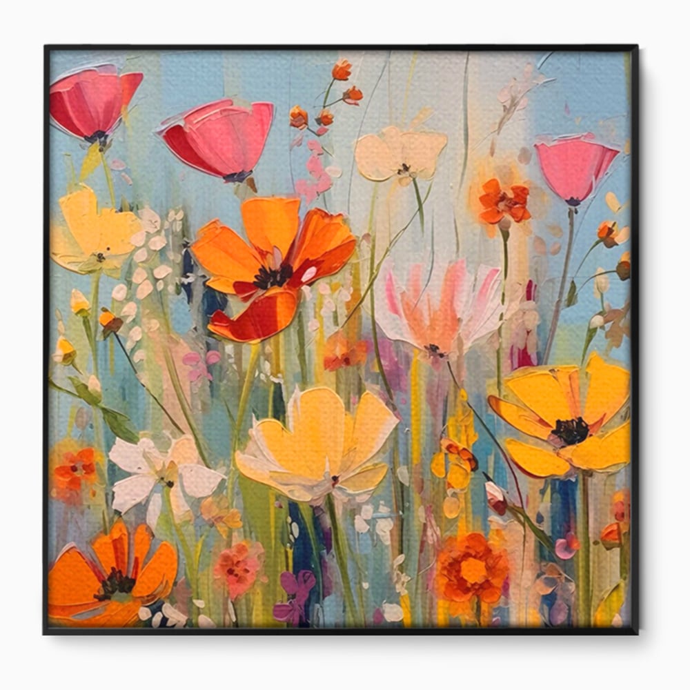 Tablou canvas cu pictura in cutit cu flori de camp, in rama de aluminiu negru
